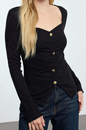 Kadın Moda Şık Üst Giyim Regular Kalp Yaka Slim Kalıp Örme Bluz