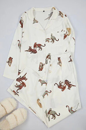 Kadın Moda Şık Büyük Beden Gömlek Yaka Boru Paça Uzun Kol Kaplan Desenli Dokuma Pijama Takımı Takımı