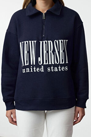 Kadın Oversize Fermuarlı Yaka Uzun Kalıp Kalın Polarlı Slogan Baskılı Fermuarlı Örme Sweatshirt