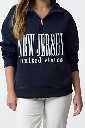 Kadın Oversize Fermuarlı Yaka Uzun Kalıp Kalın Polarlı Slogan Baskılı Fermuarlı Örme Sweatshirt