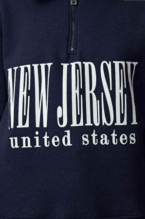 Kadın Oversize Fermuarlı Yaka Uzun Kalıp Kalın Polarlı Slogan Baskılı Fermuarlı Örme Sweatshirt