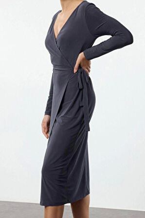 Kadın Moda Şık Midi Boy Kruvaze Regular Yaka Kuşaklı Fitted Vücuda Oturan Örme Elbise