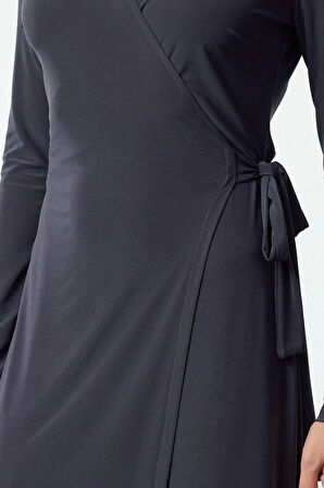 Kadın Moda Şık Midi Boy Kruvaze Regular Yaka Kuşaklı Fitted Vücuda Oturan Örme Elbise