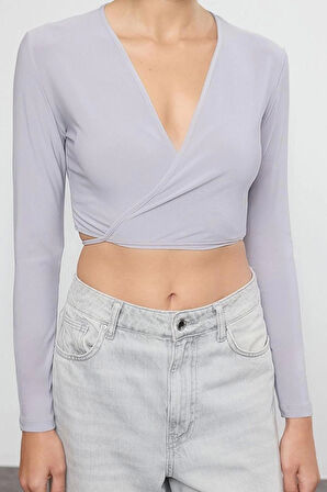 Kadın Moda Şık Üst Giyim Crop Kruvaze Yaka Slim Kalıp Örme Yaka Fitted Vücuda Oturan Esnek Bluz