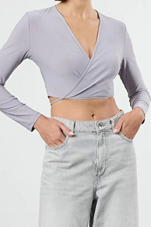 Kadın Moda Şık Üst Giyim Crop Kruvaze Yaka Slim Kalıp Örme Yaka Fitted Vücuda Oturan Esnek Bluz