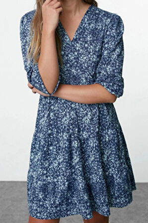 Kadın Moda Şık Mini Boy Kruvaze Regular Baskılı Skater Yaka Esnek Örme Elbise