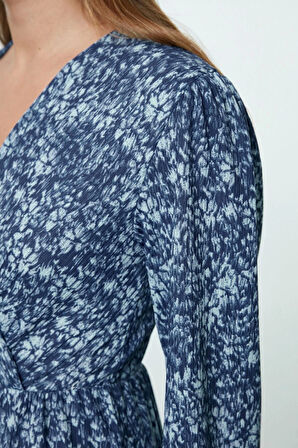 Kadın Moda Şık Mini Boy Kruvaze Regular Baskılı Skater Yaka Esnek Örme Elbise