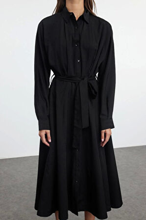 Kadın Moda Şık Midi Boy Gömlek Yaka Regular Kuşaklı Çizgili Dokuma Gömlek Elbise