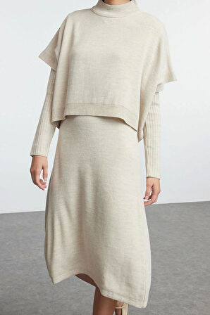 Kadın Moda Şık Midi Boy Dik Yaka Oversize Geniş Kalıp Triko Süveterli Elbise