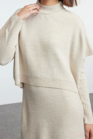 Kadın Moda Şık Midi Boy Dik Yaka Oversize Geniş Kalıp Triko Süveterli Elbise