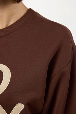 Kadın Moda Regular Bisiklet Yaka Düşük Kol Regular Slogan Nakışlı Normal Kalıp Kalın Örme Sweatshirt