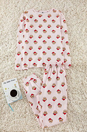 Kadın Bisiklet Yaka Lastikli Paça Uzun Kol %100 Pamuklu Ayıcık Yılbaşı Temalı Örme Pijama Takımı