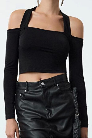 Kadın Moda Şık Üst Giyim Regular Kare Yaka Fitted Kalıp Örme Crop Bluz