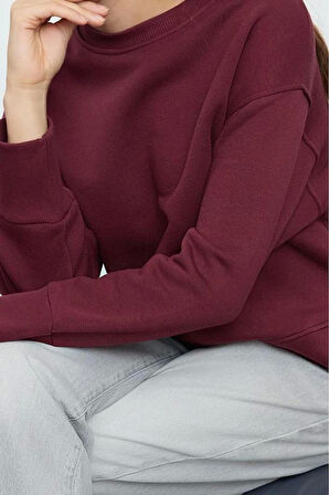 Kadın Regular Bisiklet Yaka Düşük Kol Regular Kalın İçi Polarlı Normal Kalıp Basic Örme Sweatshirt
