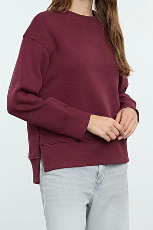 Kadın Regular Bisiklet Yaka Düşük Kol Regular Kalın İçi Polarlı Normal Kalıp Basic Örme Sweatshirt