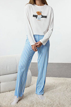 Kadın Moda Bisiklet Yaka Boru Paça Uzun Kol Kadın %100 Pamuklu Çizgili Ayıcıklı Örme Pijama Takımı
