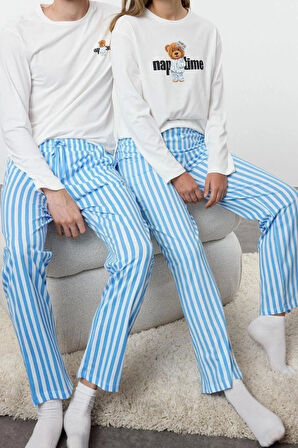 Kadın Moda Bisiklet Yaka Boru Paça Uzun Kol Kadın %100 Pamuklu Çizgili Ayıcıklı Örme Pijama Takımı