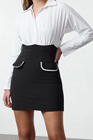 Kadın Moda Mini Boy Gömlek Yaka Regular Cep ve Balon Kol Detaylı Fitted Vücuda Oturan Dokuma Elbise