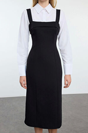 Kadın Moda Şık Mini Boy Gömlek Yaka Regular Çizgili Gömlek Detaylı Vücuda Oturan Dokuma Elbise