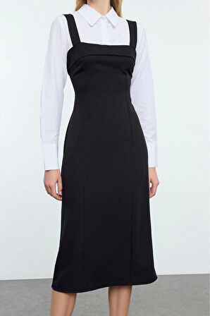 Kadın Moda Şık Mini Boy Gömlek Yaka Regular Çizgili Gömlek Detaylı Vücuda Oturan Dokuma Elbise