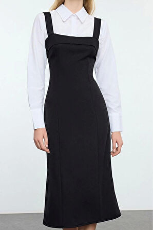 Kadın Moda Şık Mini Boy Gömlek Yaka Regular Çizgili Gömlek Detaylı Vücuda Oturan Dokuma Elbise