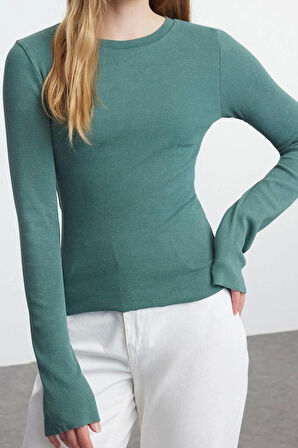 Kadın Regular  Slim Kalıp Örme Eskitme Soluk Efektli Fitted Vücuda Oturan Fitilli Esnek Bluz
