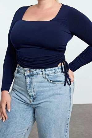 Kadın Moda Şık Büyük Beden Regular Kare Yaka Fitted Kalıp Örme Sandy Bluz
