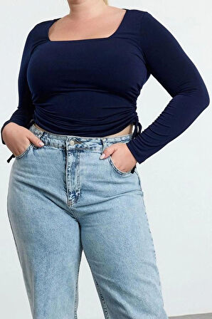 Kadın Moda Şık Büyük Beden Regular Kare Yaka Fitted Kalıp Örme Sandy Bluz