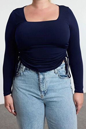 Kadın Moda Şık Büyük Beden Regular Kare Yaka Fitted Kalıp Örme Sandy Bluz