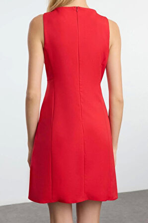 Kadın Moda Şık Mini Boy Bisiklet Yaka Regular Düz Dokuma Elbise