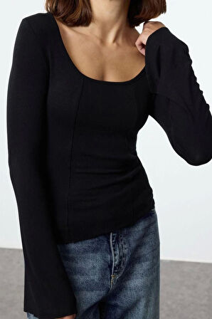 Kadın Regular Havuz Yaka İspanyol Kol Slim Kalıp Örme Fitted Vücuda Oturan Dikiş Detaylı Esnek Bluz