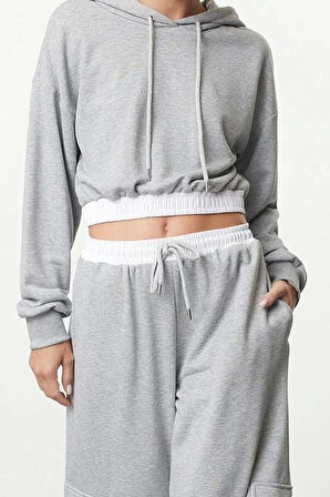 Kadın Moda Şık Crop Kapüşonlu Düşük Kol Crop Normal Kalıp Dokuma Garnili Kalın Örme Sweatshirt