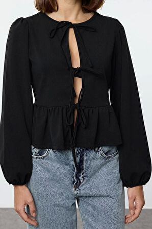 Kadın Şık Regular Bisiklet Yaka Balon Kol Regular Kalıp Örme Bağlama Detaylı Normal Kalıp Esnek Bluz