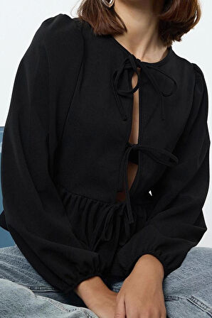 Kadın Şık Regular Bisiklet Yaka Balon Kol Regular Kalıp Örme Bağlama Detaylı Normal Kalıp Esnek Bluz