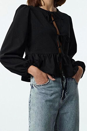 Kadın Şık Regular Bisiklet Yaka Balon Kol Regular Kalıp Örme Bağlama Detaylı Normal Kalıp Esnek Bluz