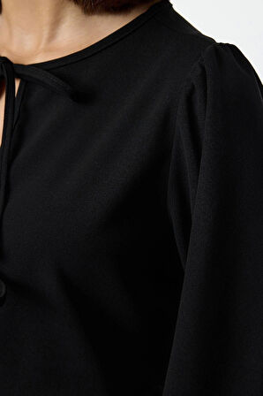 Kadın Şık Regular Bisiklet Yaka Balon Kol Regular Kalıp Örme Bağlama Detaylı Normal Kalıp Esnek Bluz