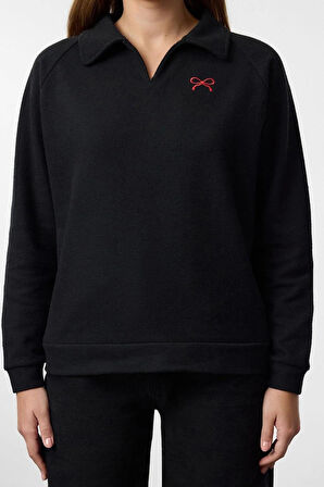 Kadın Moda Bol Polo Yaka Düşük Kol Uzun Kalp Nakışlı Geniş Kalıp Selanik Polo Yaka Örme Sweatshirt