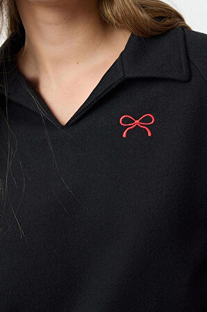 Kadın Moda Bol Polo Yaka Düşük Kol Uzun Kalp Nakışlı Geniş Kalıp Selanik Polo Yaka Örme Sweatshirt