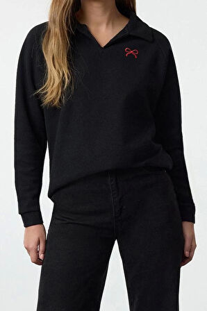 Kadın Moda Bol Polo Yaka Düşük Kol Uzun Kalp Nakışlı Geniş Kalıp Selanik Polo Yaka Örme Sweatshirt