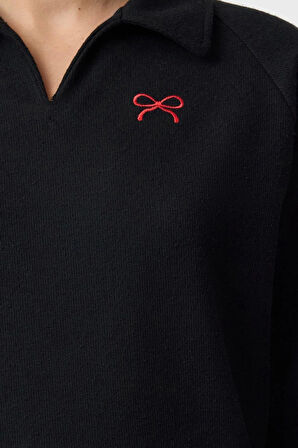 Kadın Moda Bol Polo Yaka Düşük Kol Uzun Kalp Nakışlı Geniş Kalıp Selanik Polo Yaka Örme Sweatshirt
