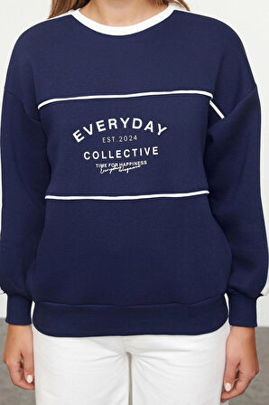 Kadın Bol Bisiklet Yaka Düşük Kol Uzun Slogan Baskılı Geniş Kalıp Kalın İçi Polarlı Örme Sweatshirt