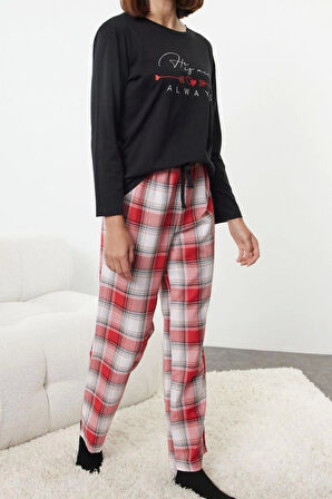 Kadın Moda Bisiklet Yaka Geniş Paça Uzun Kol Kadın %100 Pamuklu Kalpli Ekoseli Örme Pijama Takımı