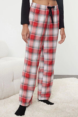 Kadın Moda Bisiklet Yaka Geniş Paça Uzun Kol Kadın %100 Pamuklu Kalpli Ekoseli Örme Pijama Takımı