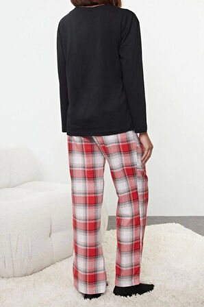 Kadın Moda Bisiklet Yaka Geniş Paça Uzun Kol Kadın %100 Pamuklu Kalpli Ekoseli Örme Pijama Takımı