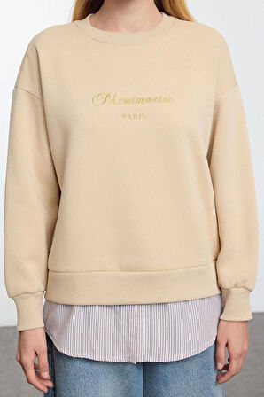 Kadın Relaxed Bisiklet Yaka Düşük Kol Uzun Slogan Baskılı ve Poplin Rahat Kalıp Örme Sweatshirt
