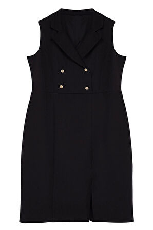 Kadın Büyük Beden Midi Boy Degaje Yaka Oversize Yırtmaçlı Fitted Vücuda Oturan Dokuma Elbise