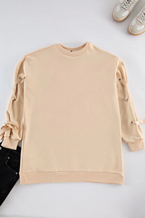 Kadın Tesettür Moda Şık Oversize Bisiklet Yaka Düşük Kol Uzun Bağcık Detaylı Sweatshirt