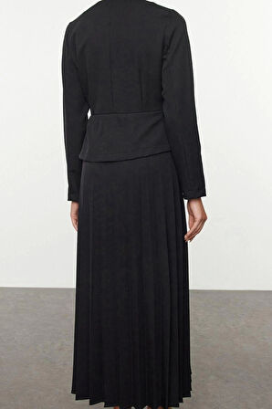 Kadın Moda Şık Tesettür Maxi Boy Bisiklet Yaka Regular Fermuar Detaylı Piliseli Dokuma Elbise