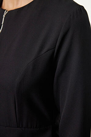 Kadın Moda Şık Tesettür Maxi Boy Bisiklet Yaka Regular Fermuar Detaylı Piliseli Dokuma Elbise