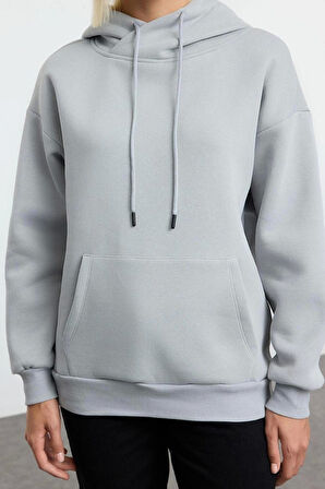 Kadın Bol Asimetrik Yaka Düşük Kol Uzun Geniş Kalıp Kanguru Cepli Kalın İçi Polarlı Örme Sweatshirt